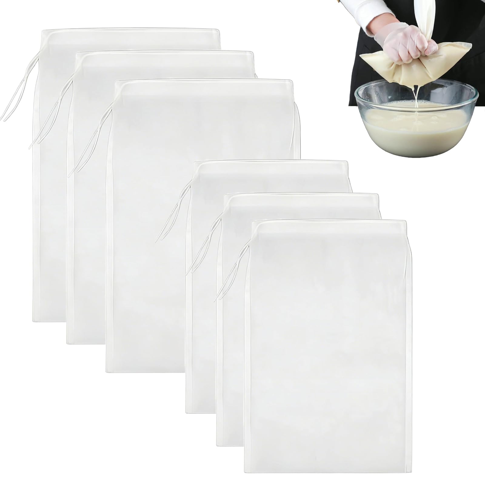 KOOLEVER 6Pcs Reusable Straining Bag, Cheese Cloths for Straining, Cheesecloth Drawstring Bags, With Drawstring 100 Mesh Muslin Bags for Cooking 20x30cm und 24x36cm, for Yogurt, Nut, Milk, Juice, Wine