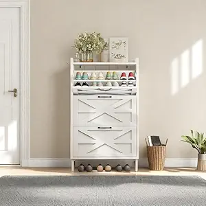 DWVO Farmhouse Shoe Storage Cabinet with 3 Flip Drawers, Slim Shoe Cabinet for Up to 24 Pairs, Narrow Shoe Rack for Entryway, Living Room, Hallway (White)