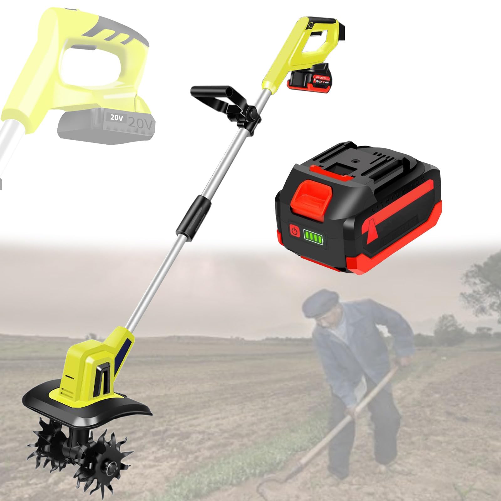 Motoculteur électrique, Rotavateur de Jardin sans Fil 20 V, Cultivateur de Sol Puissant, Alimenté par Batterie 4000 mAh, pour Jardins, Potagers