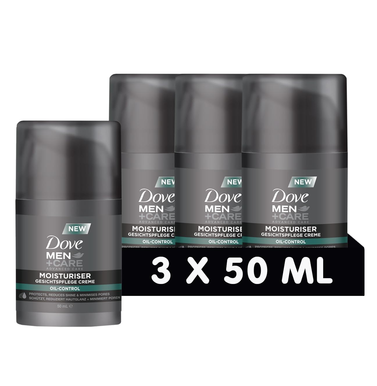 DOVE MEN + CAREMoisturiser Oil Control - Face Care Cream - Protects, Reduces Skin Shine & Minimises Pores Without Greasing, 3 x 50 ml