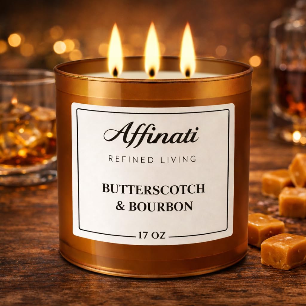 Butterscotch & Bourbon 3-Wick Candle - Affinati 17 oz Luxury Soy Blend Wax Candle, Long-Lasting Home Fragrance