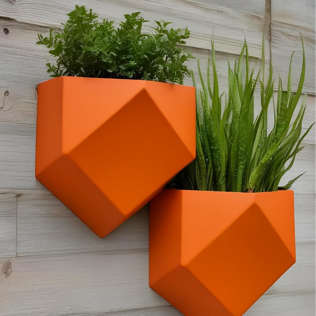 Modern Geometric Low Poly Wall Hanging Planter for Outdoor Use (Pack of One or Two) (1, Orange, Medium - 21x20x12cm)