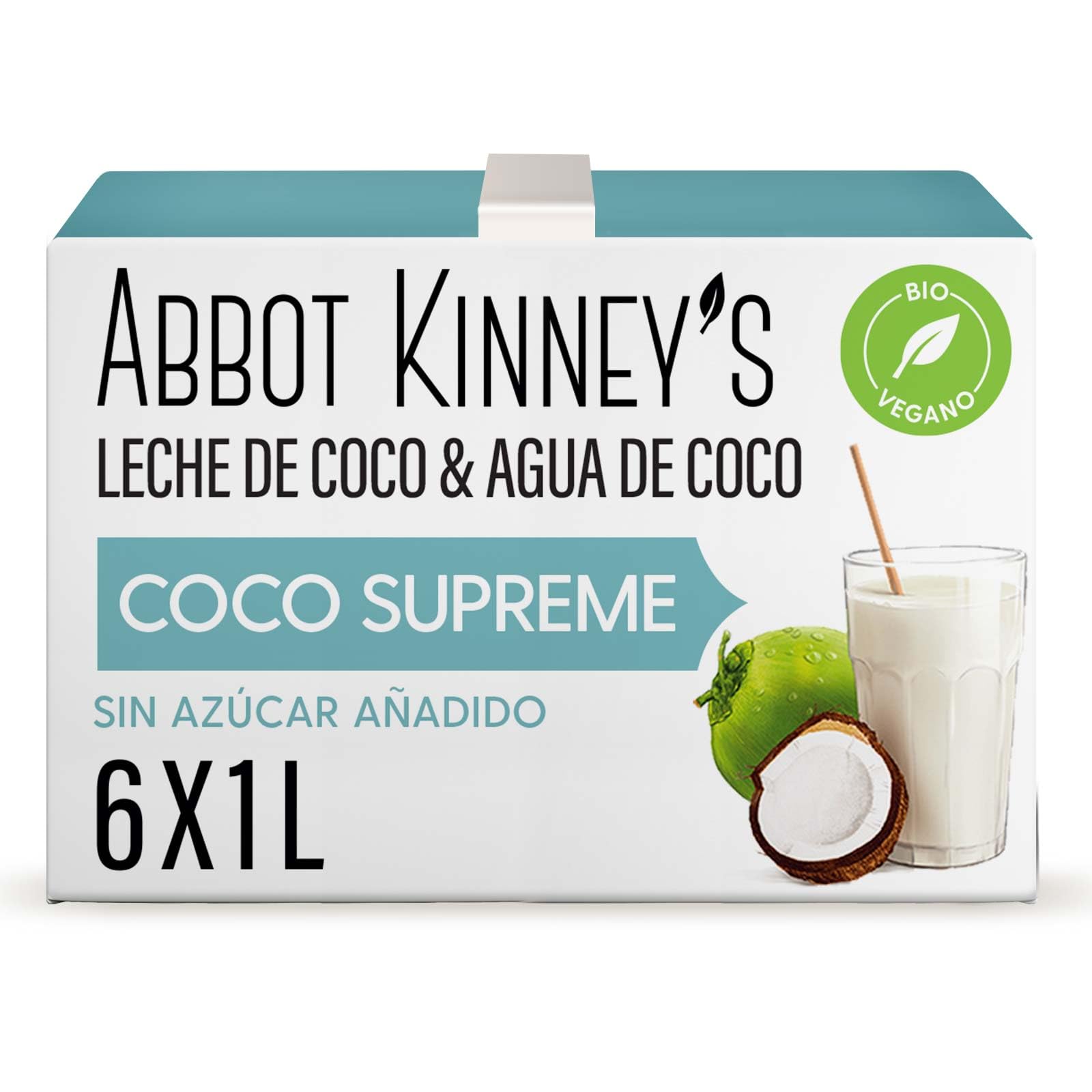 Abbot Kinney's Bebida Ecológica Vegetal de Coco Supreme Pack 6 x 1 L Sin Azúcar Añadido Vegano Sin Lactosa