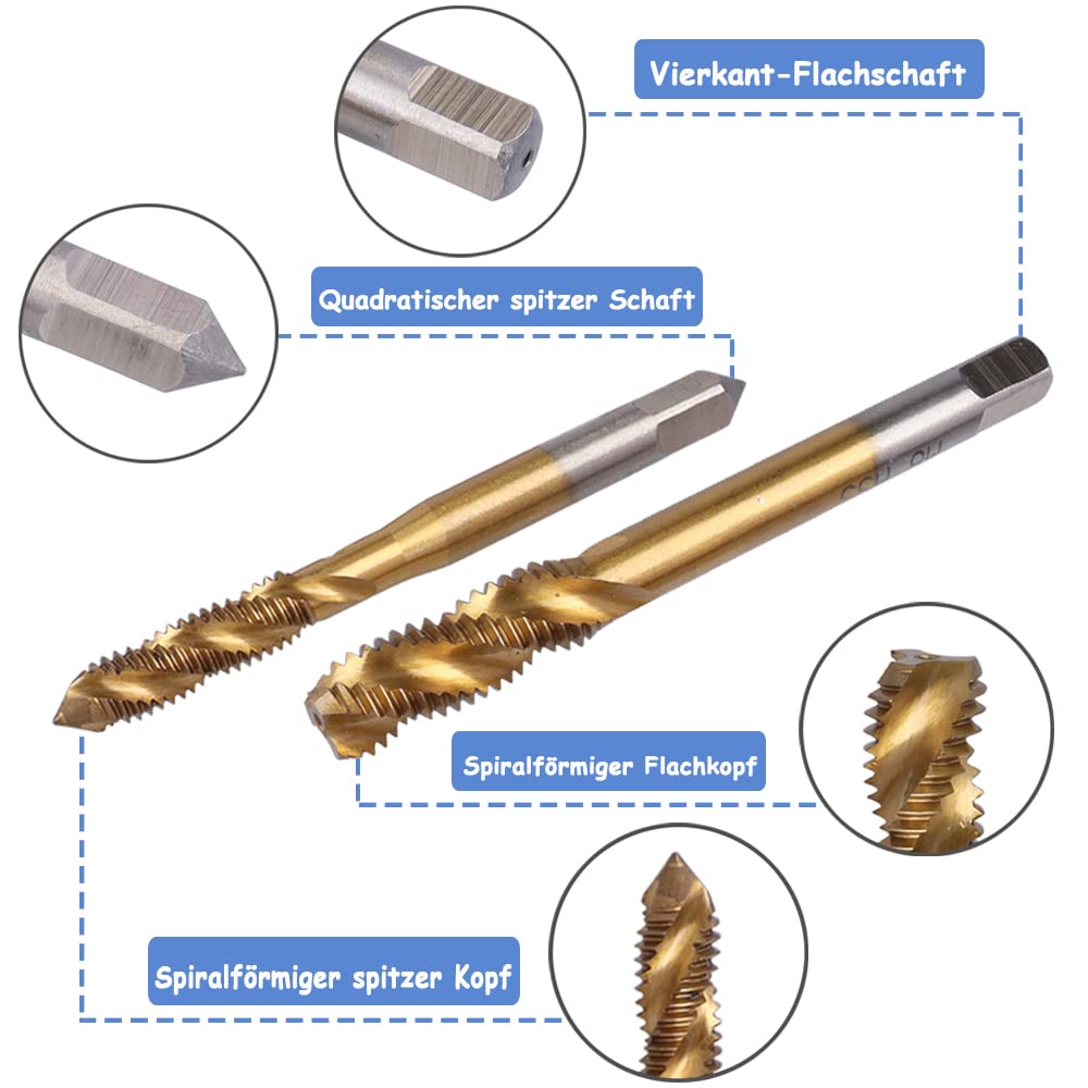 Mesee Lot de 9 tarauds hélicoïdaux HSS revêtus de titane - Pour machine à filetage métrique - M2 M2.5 M3 M4 M5 M6 M8 M10 M12
