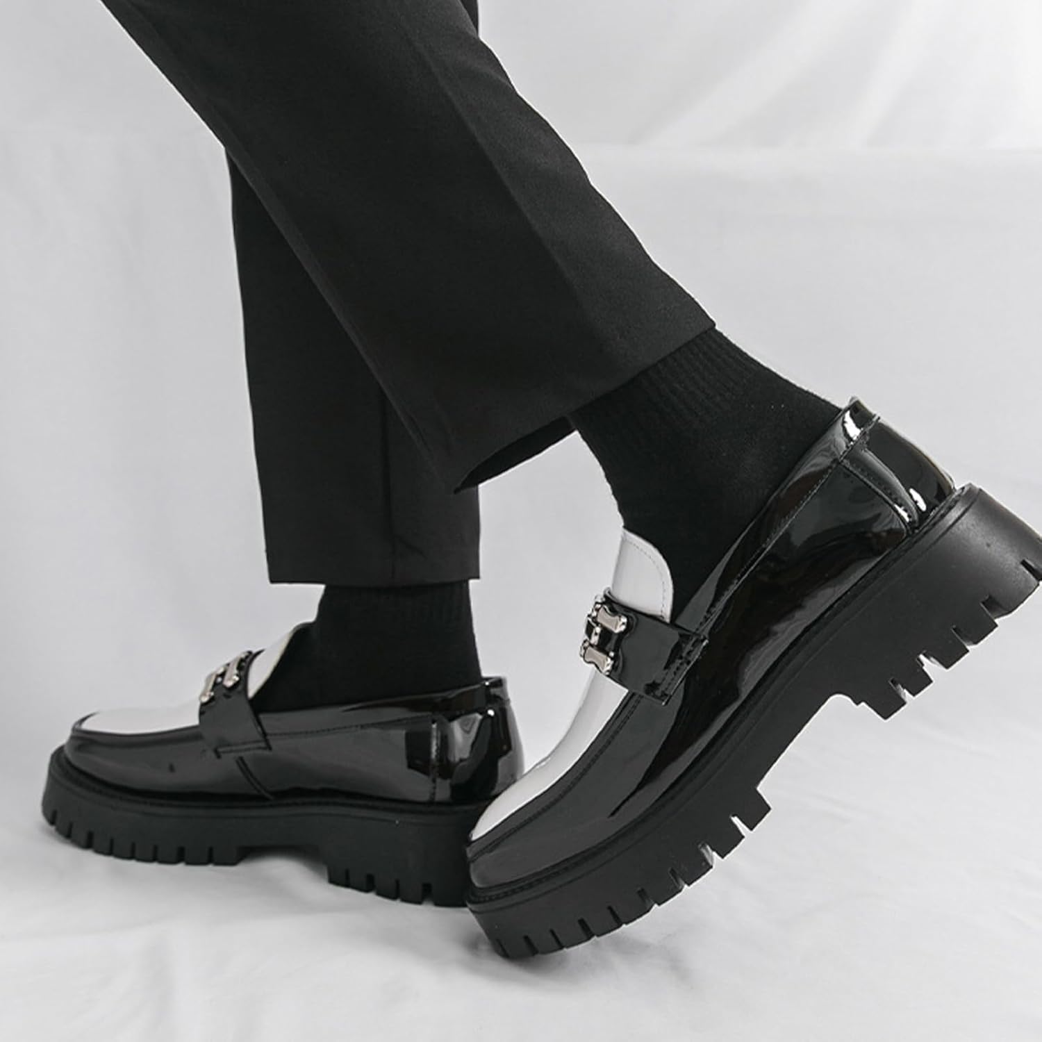 Men's Fashion Black and White Platform Penny Loafers Luxury Round Toe Slip on Lug Sole Business Office Dress Shoes Daily Breathable Non-Slip Casual Shoes - Image 7