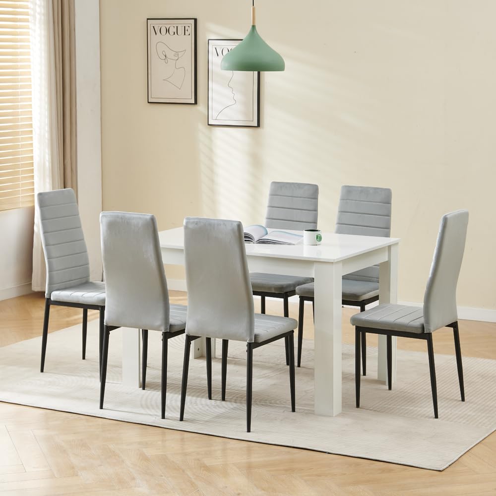 Menaka Wood Dining Table and Chairs Set of 6, Small Rectangular Kitchen Dinner Table with 6 Seaters (Line Grey Velvet Chairs, 120m high gloss white table, 6 seaters)