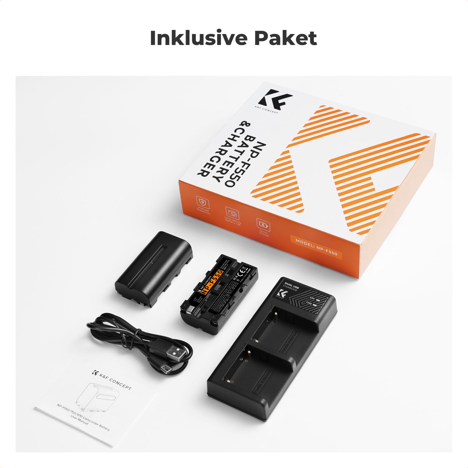 K&F CONCEPT NP-F550 2er-Pack 2600mAh Akkus und LED Ladegerät Kit Kompatibel mit Sony NP-F550 F570 F750 F770 F930 F950 F960 F970 für LED Lichter/Monitor/Kamera Slider