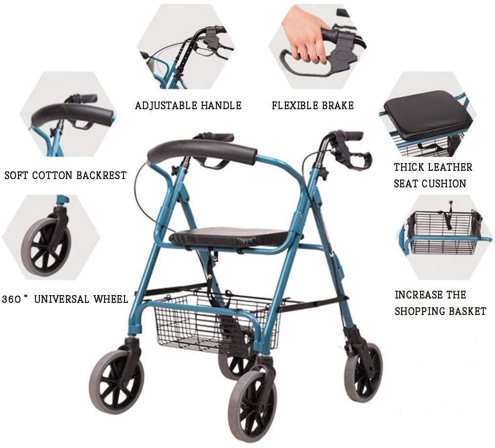 Andador Plegable de Aluminio con 4 Ruedas y Asiento de Altura Ajustable, Ayuda para Caminar con Cesta para Personas Mayores y Adultos. Decoración.