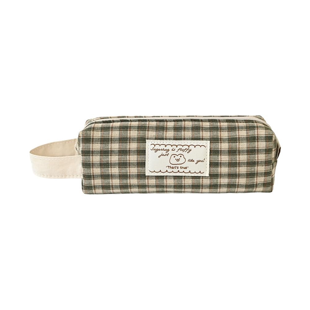 Monolike Unmatched Friends Fabric Check Block Pencil Case, Vintage green - Aesthetic Gingham Pastel Desk Organizer, Soft Padded Makeup Brush Case, Trendy Minimalist Stationery Pouch