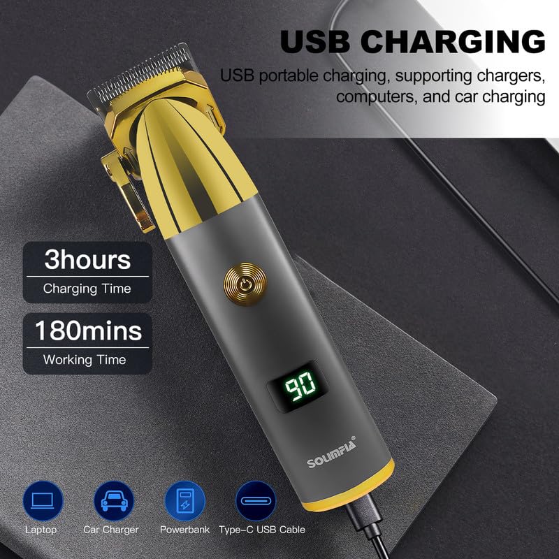 SOLIMPIA HT-629 Hair Clipper connected to a USB cable for charging, with text indicating 3 hours charging time and 180 minutes working time.