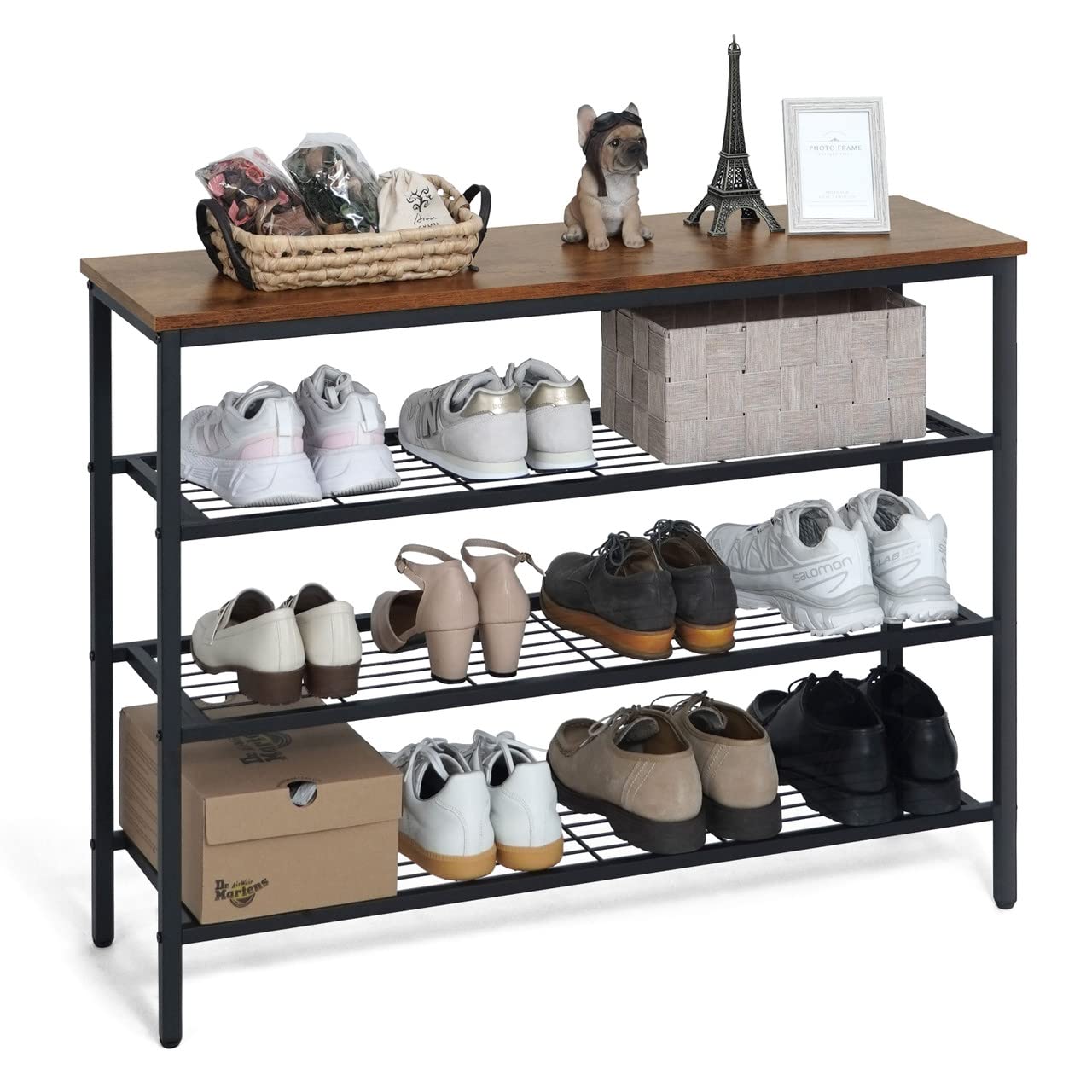 CAPHAUS 4-Tier Shoe Rack for Entryway, Industrial Shoe Storage Organizer, Medium Shoe Shelf with Wood Board and Metal Mesh Shelves, Storage Table for Hallway, Living Room, Bedroom, Closet, Rustic Oak