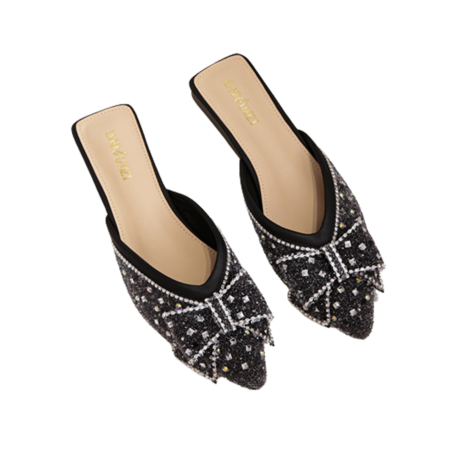 Women's Rhinestone Bow Flat Mules,Fashion Sequins Bow-Knot Closed Pointed Toe Backless Comfortable Slip-On Beef Tendon Soft Sole Slides Wedding Party