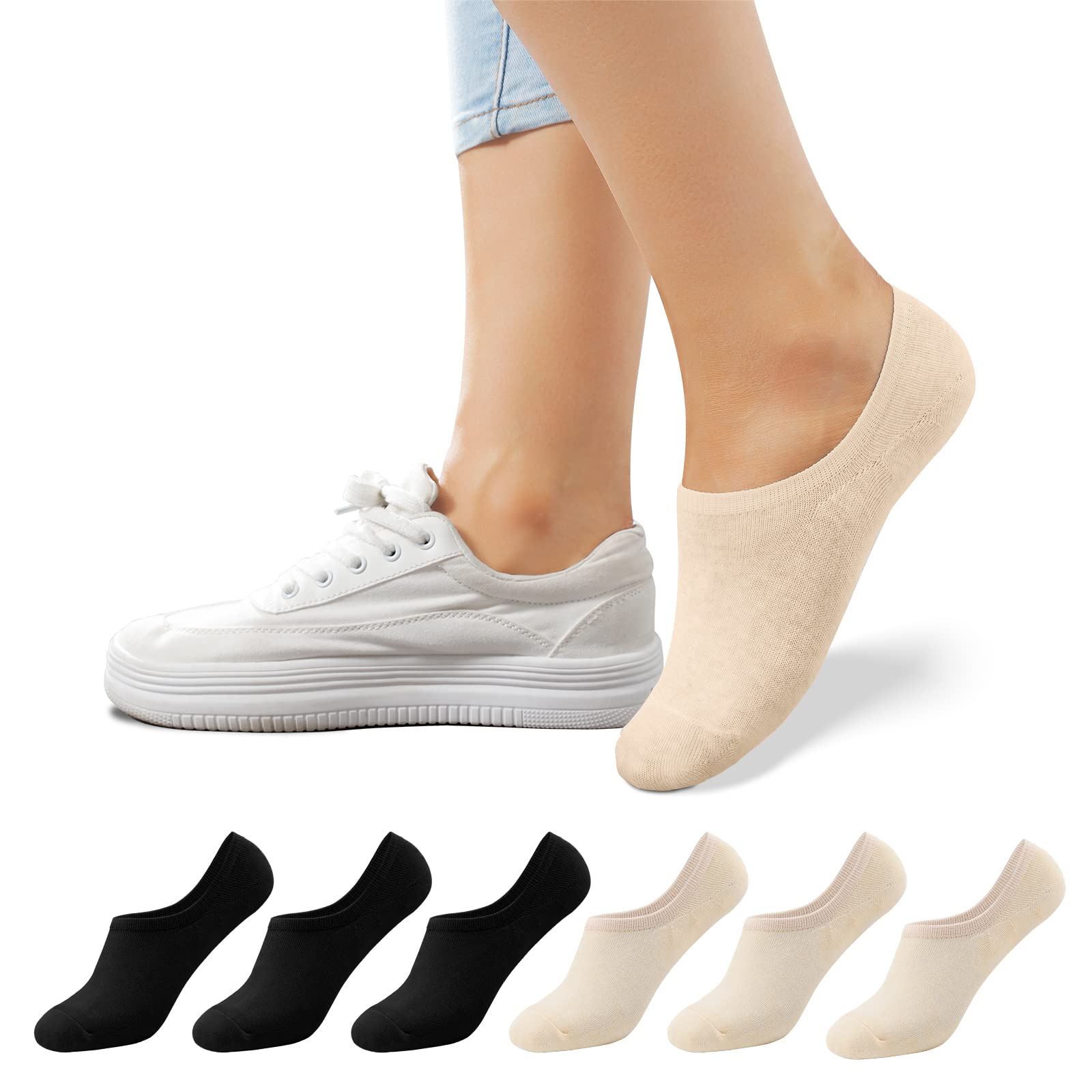 No Show Trainer Socks for Women Cotton Non Slip Low Cut Ankle Socks Breathable Invisible Liner Footies Casual Loafers Boat Shoes 6 Pairs