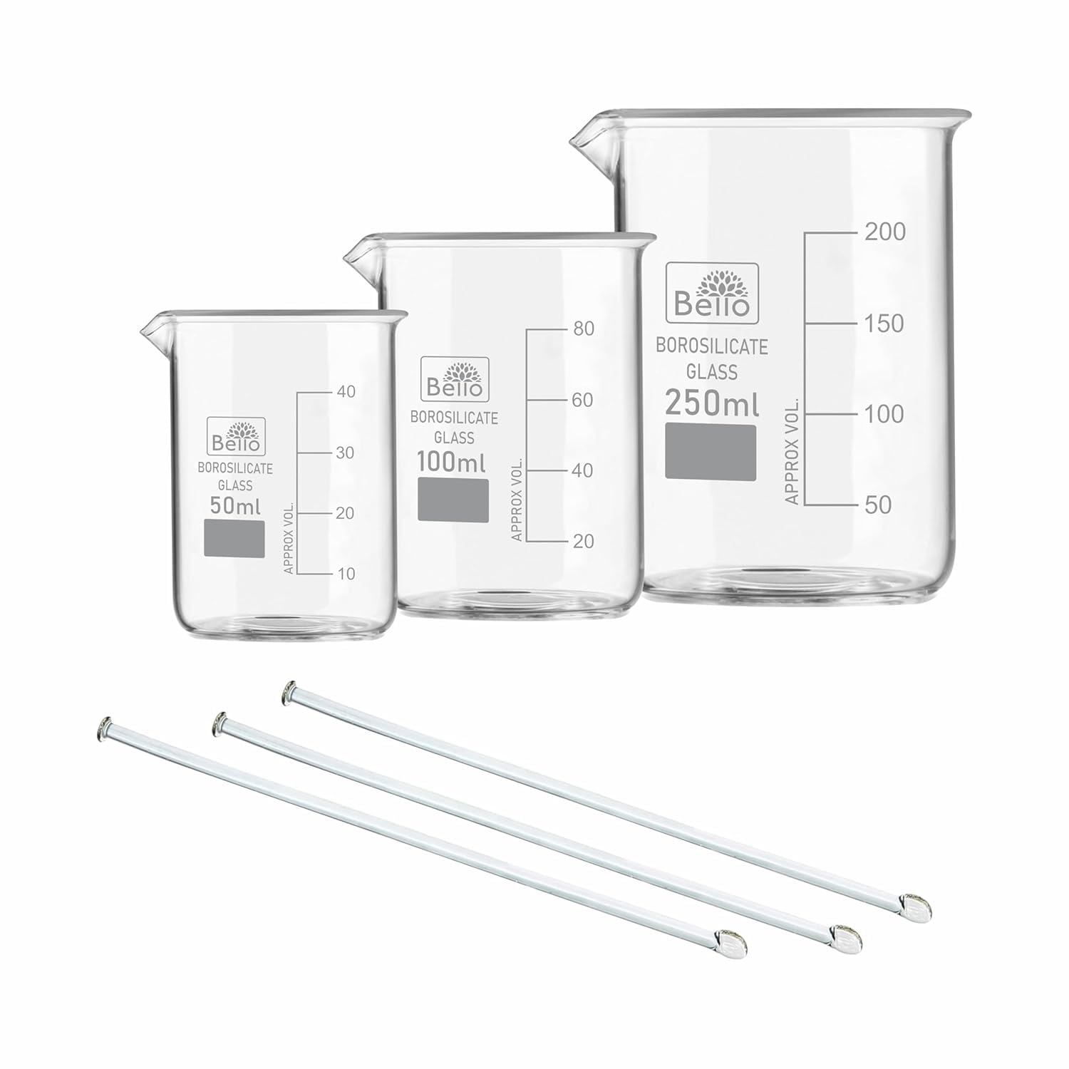 Bello Borosilicate 3.3 Glass Beaker 50ml, 100ml, 250ml With Stirring Rod 200mmX6mm 3pcs Pack of 6 For School College Lab Laboratory Etc-image-9