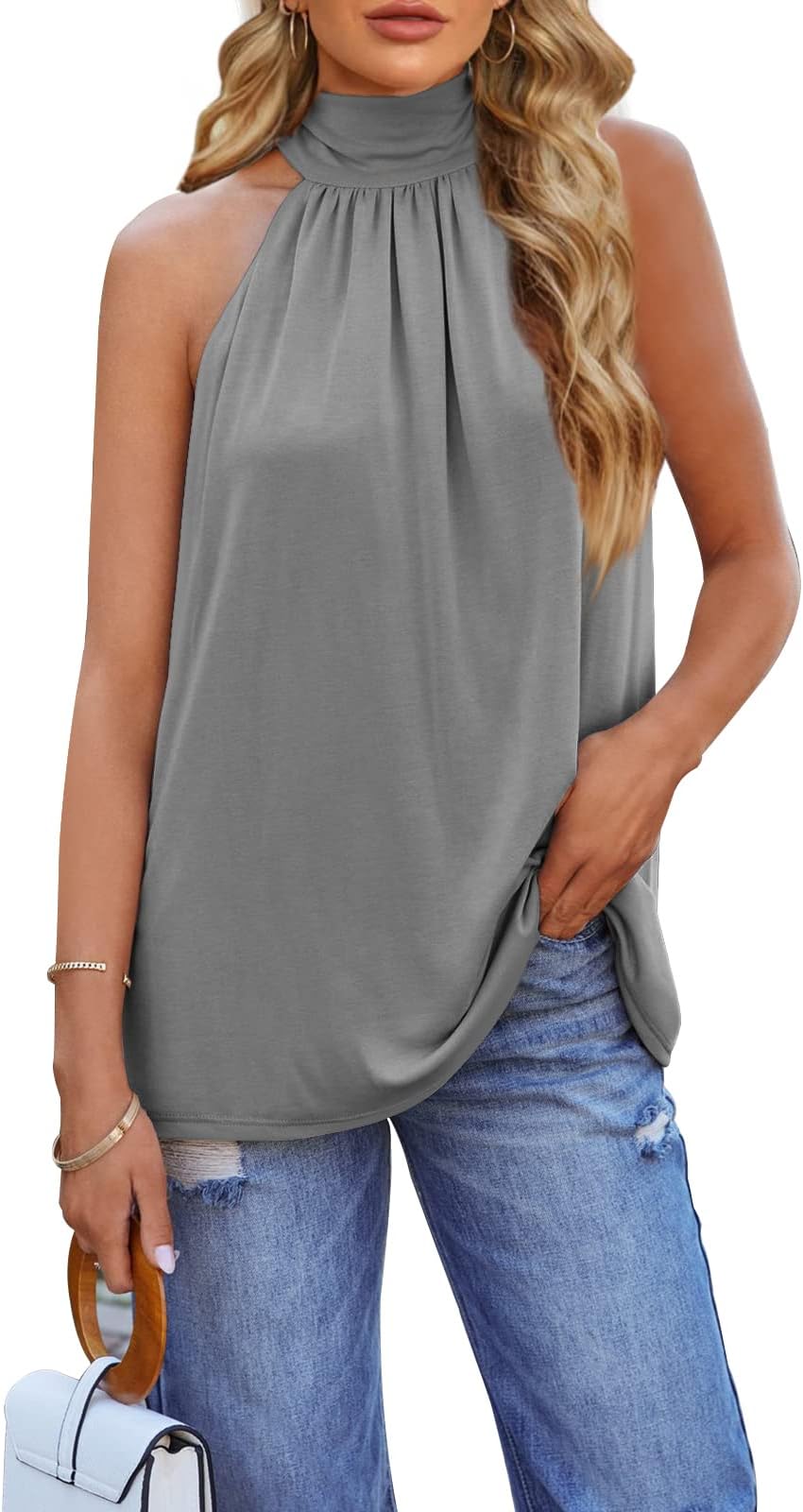 Ermonn Women Back Tie Halter Neck Sleeveless Tank Tops Casual Basic Tee Shirts Summer Tunic Cami Blouse
