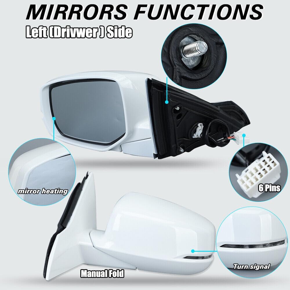 Left White Side Mirror Assembly For Honda Accord Sedan 2013 2014 2015 2016 2017 Electric Manual Fold Heated With Turn Signal Light 6 Pins Driver Side
