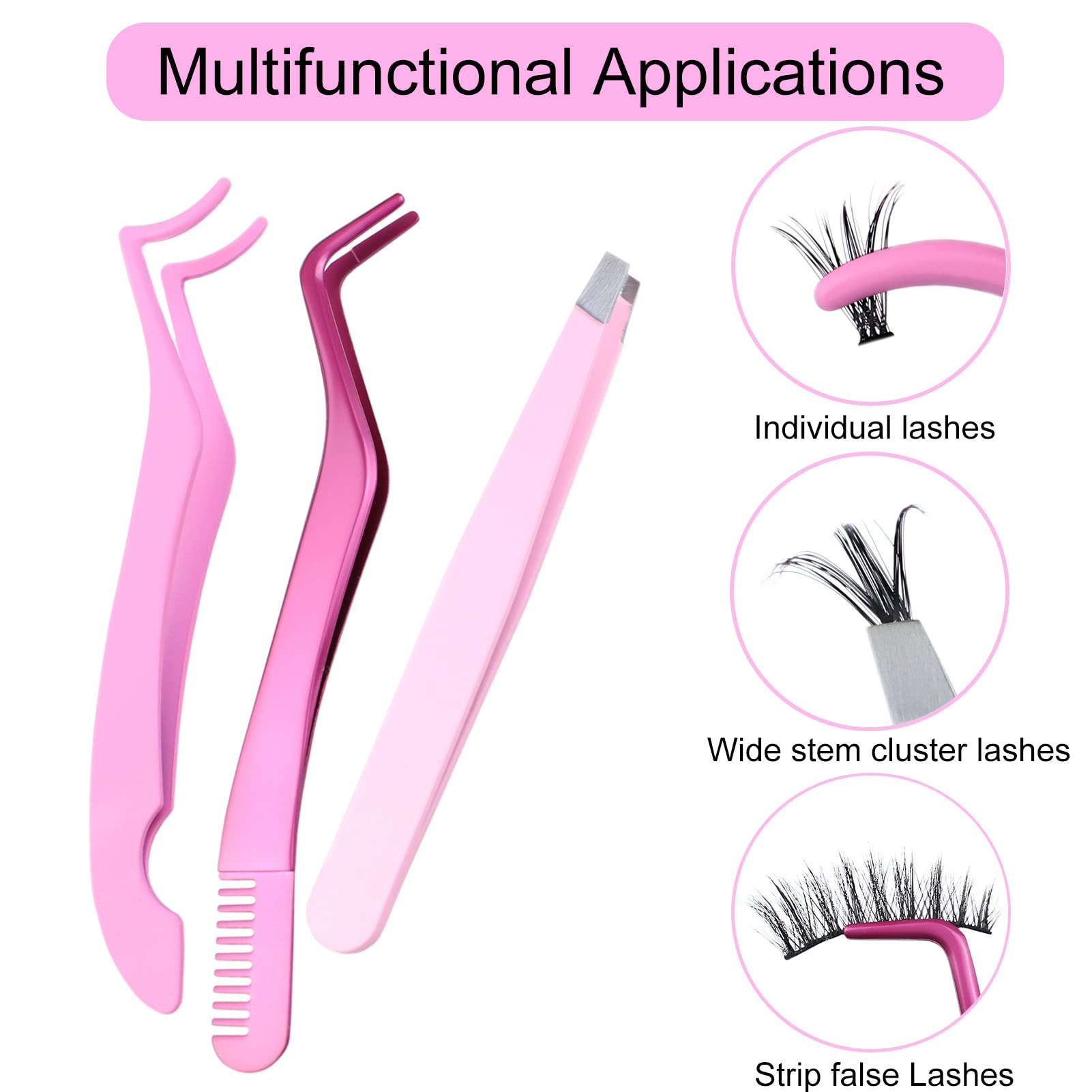 Lash Clusters Eyelash Extension Kit - 3pc Lash Tweezers Set, False Eyelashes, Individual Lash Extension Tweezers & Applicator Tool - Image 3