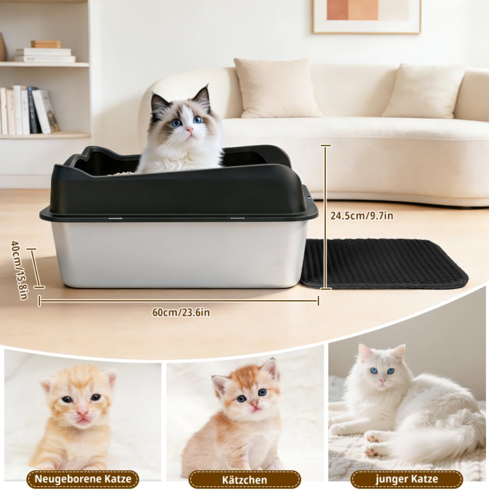 Katzenklo Edelstahl, Katzentoilette mit Schaufel und Streumatte,Katzenklo Edelstahl Kratzfest antihaftbeschichtet, geruchsresistent rutschf (XXL)