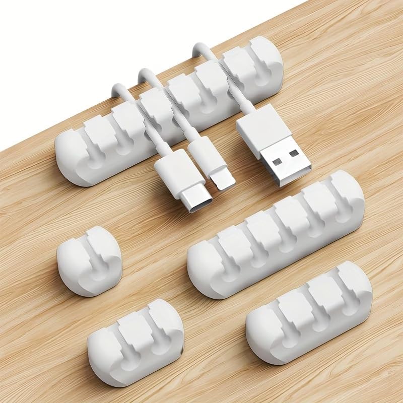 Silicone Cable Organizer Self Adhesive Desktop Clips Low Profile Multiple Slots for Mobile Charging Earphones Mouse Wires, White, Set of 5 pieces