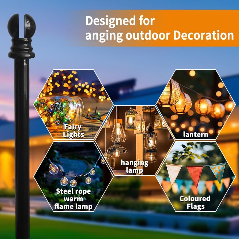 2 Pack String Light Poles for Outside, Upgraded Heavy-Duty Metal Poles for Outdoor String Lights with Fork, Accessories for Patio Decor Pergola Backyard Garden Decorations (Black)