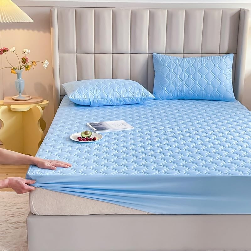 King Waterproof Mattress Protector - Quilted Fitted Sheets 4-Layer - Anti Dust Mite Mattress Encasement - Washable Mattress Cover for Double Single Bed(Blue,120x200cm+30cm)