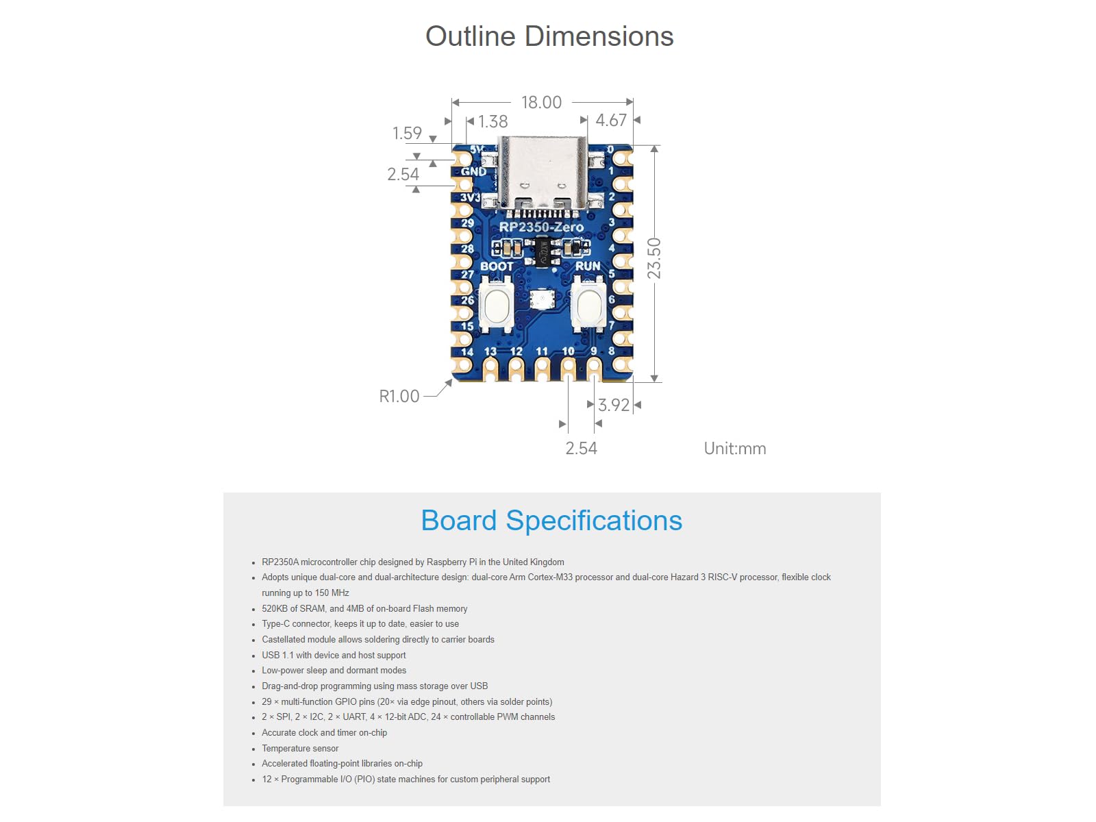 RP2350-Zero Mini Scheda Di Sviluppo Con Chip RP2350A – Dual-Core Arm E RISC-V, USB-C, 29 GPIO, 4MB Flash, Per Progetti SMD - 5