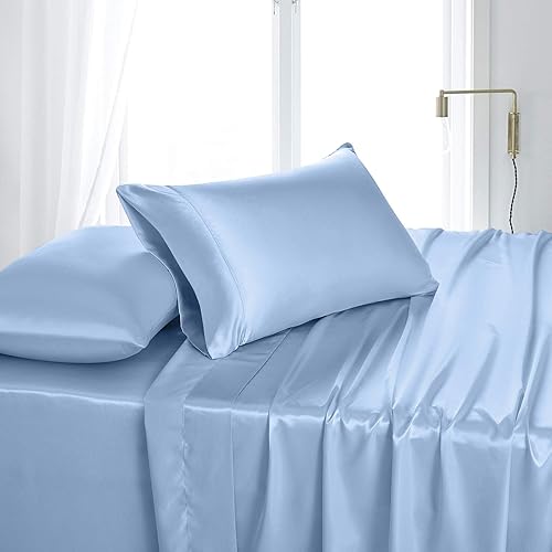 Miniatura 10 de Juego de funda de edredón de tamaño matrimonial, color rosa claro con cierre de botón, satén sedoso ultra suave de 4 piezas (1 funda de edredón + 1