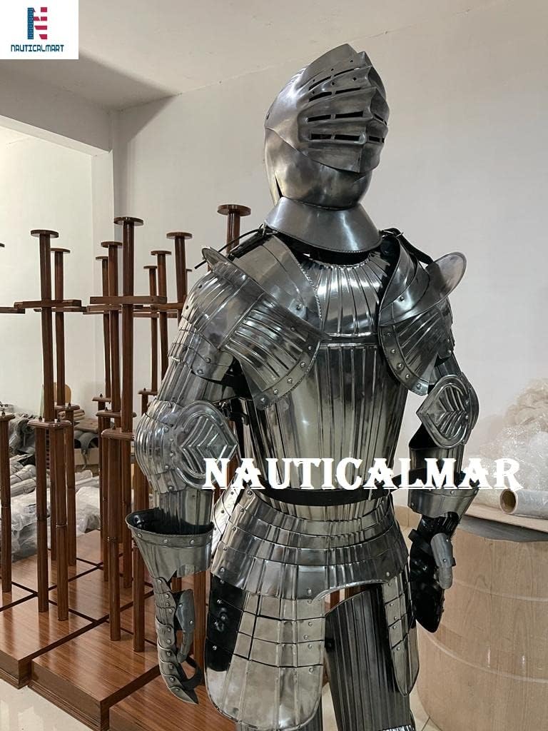 NauticalMart Maximilian Knight Suit of Armor with Closed Helmet German Steel Plate Armor Guards Wearable Medieval Knight Costume