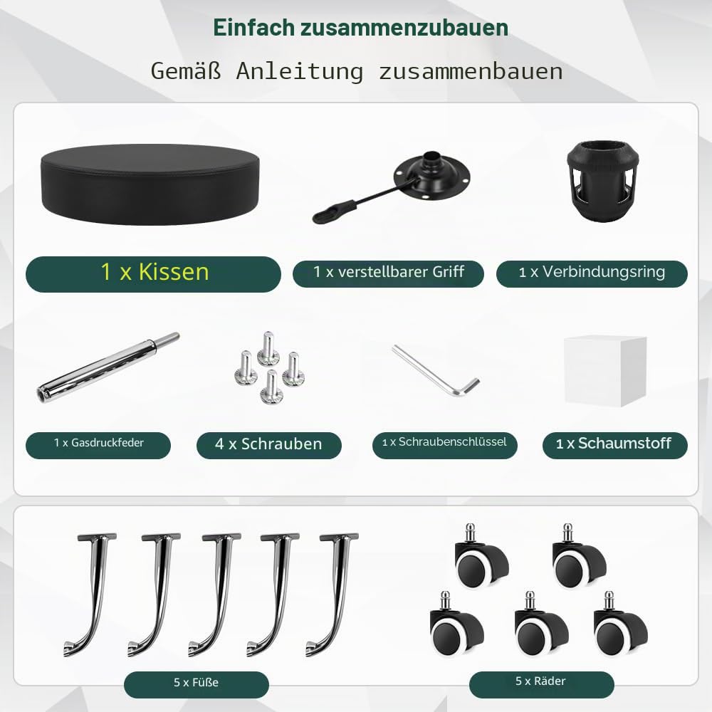 BFTOU Schwarzer Drehhocker aus PU-Leder mit Rollen, perfekt für Salon, Arbeit, Zuhause, Spa, Geschäft, höhenverstellbar und kostengünstig, Rollhocker, klein (schwarz)