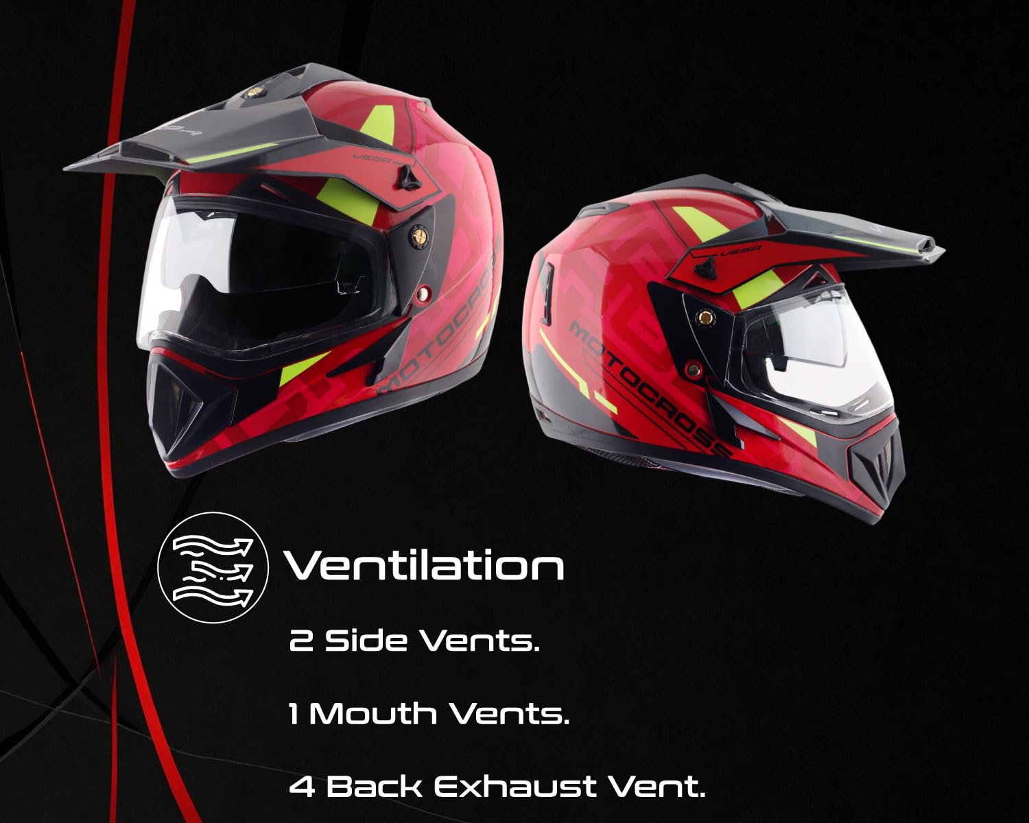 Vega Off-Road Motocross ISI Certified Gloss Finish Full Face Helmet for Men with Dual Visor and Stylish Peak-Red Black-M - Image 6 thumbnail