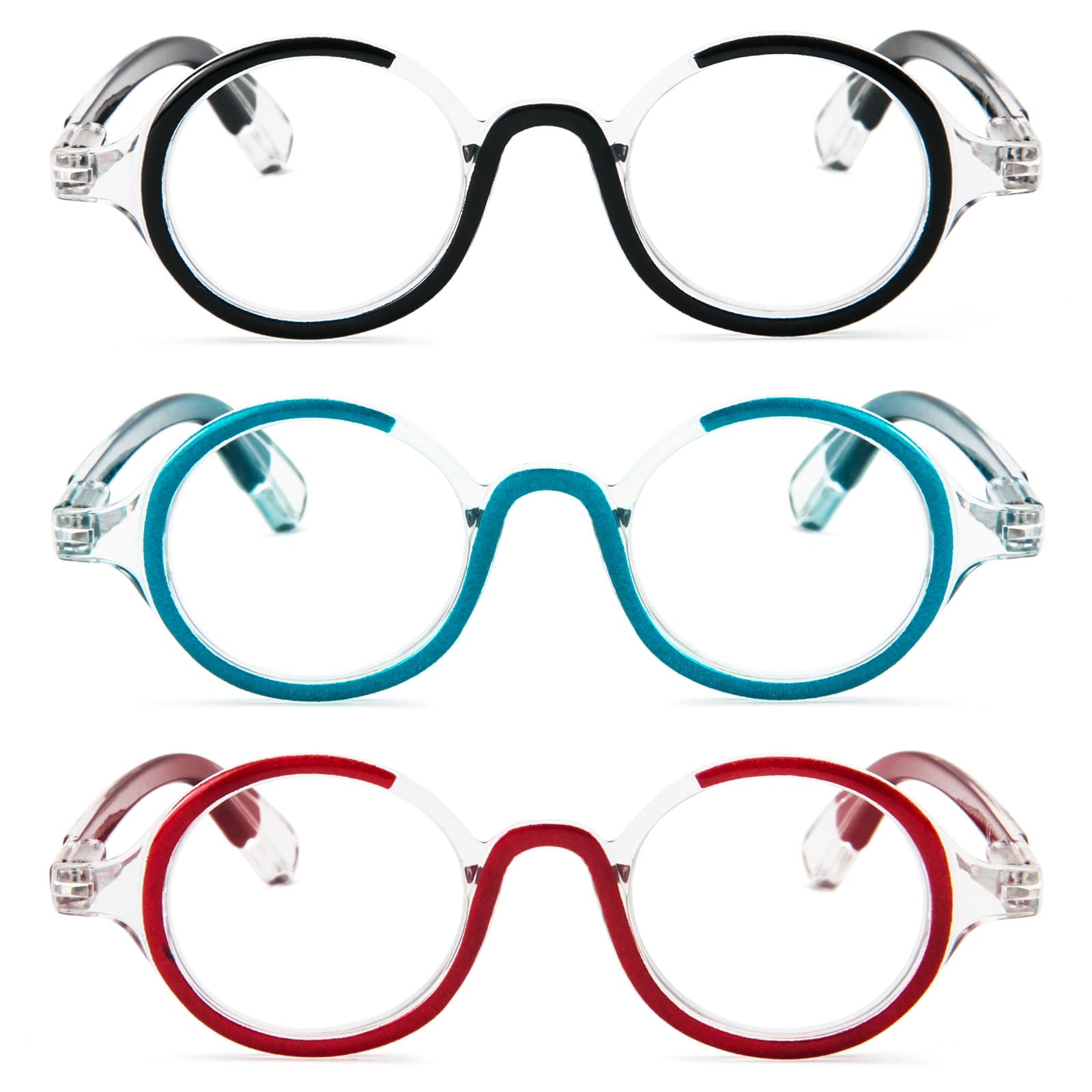 KoKoBin Confezione da 3 Occhiali da Lettura per donne e uomini Retro Round Oversized Frame Anti Luce Blu Occhiali con cerniera a molla (Confezione da 3, 1.5)