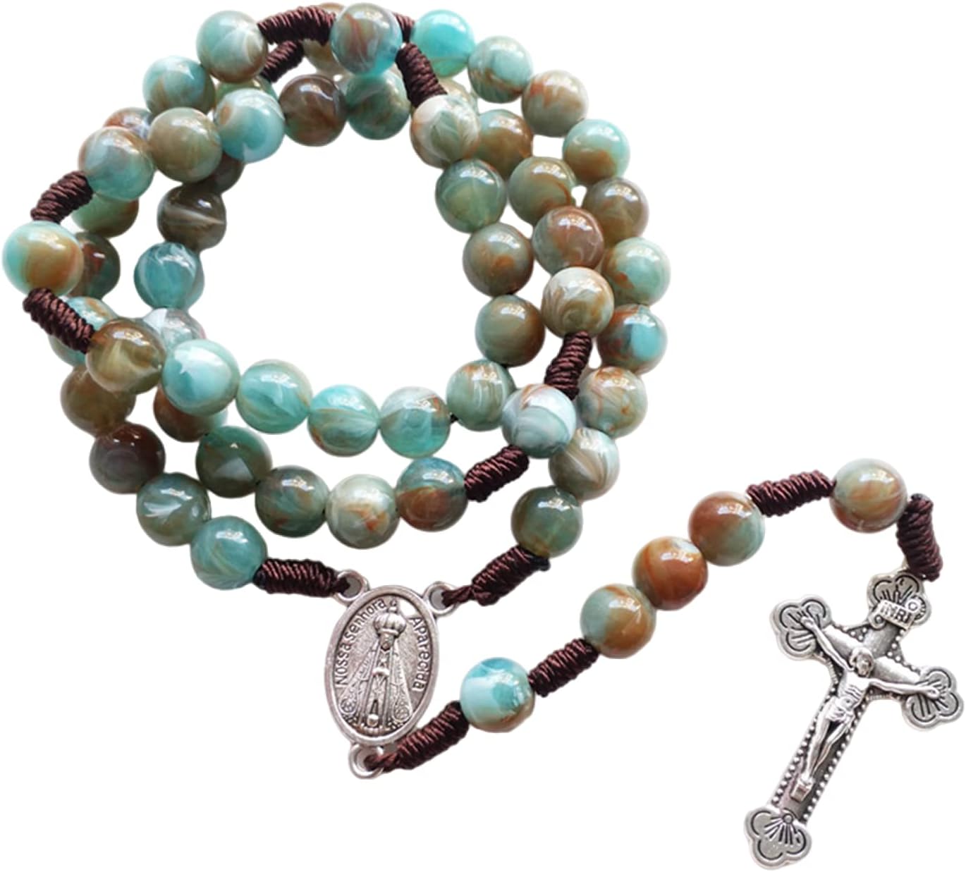 Blue 10mm Acrylic Beads Brown Rope Cording Catholic Rosary with Antique Silver Plated Saint Christopher Center and Crucifix Pendant