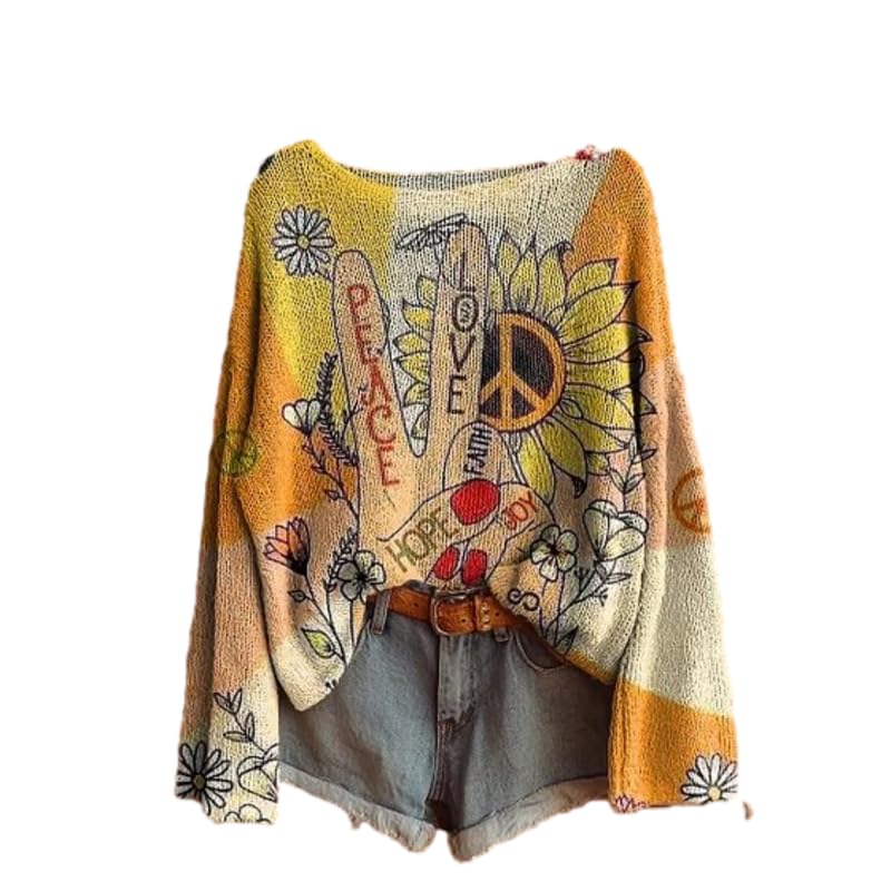 Womens Bohemian Crewneck Sweater Colorful Printed Long Sleeve Pullover Casual Oversized Knit Top for Fall Winter 2025