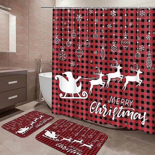 ArtSocket Santa Claus Reindeer Bathroom Sets with Shower Curtain and Rugs