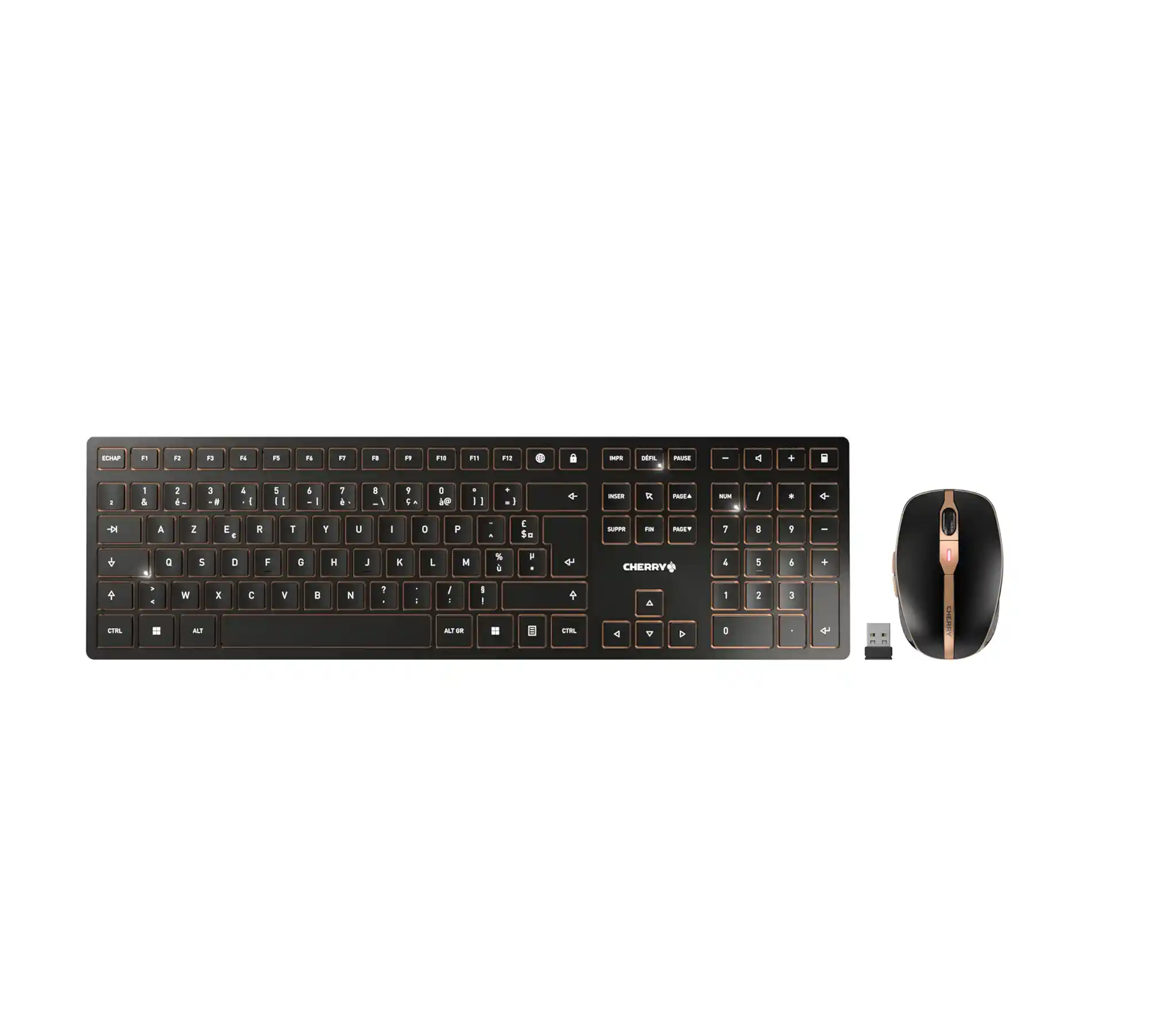 CHERRY DW 9100 Slim, kabelloses Tastatur- und Maus-Set, Französisches Layout, AZERTY Tastatur, wiederaufladbare Akkus, SX Scherenmechanik, flüsterleiser Tastenanschlag, Schwarz-Bronze