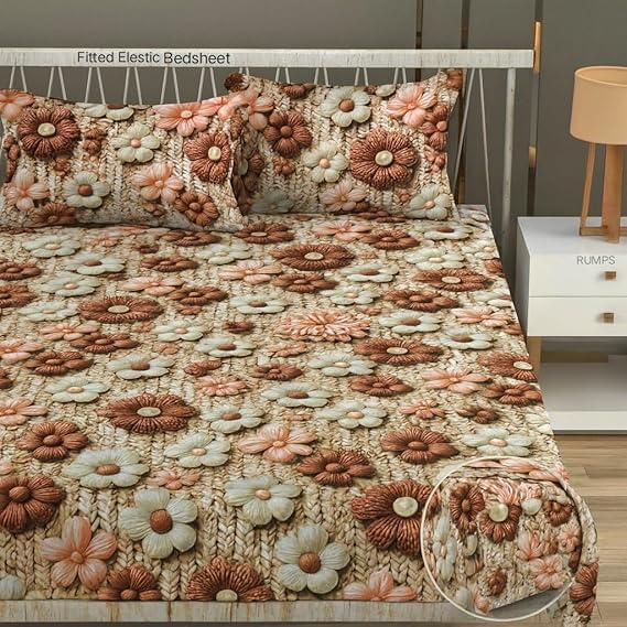 Image of RUMPS 380 TC Premium Heavy Cotton 7D Print Fast Colour Feel Elastic Fitted Floral Bedsheet King Size with 2 Pillow Covers || (Brown, Fitted Queen-60x78)