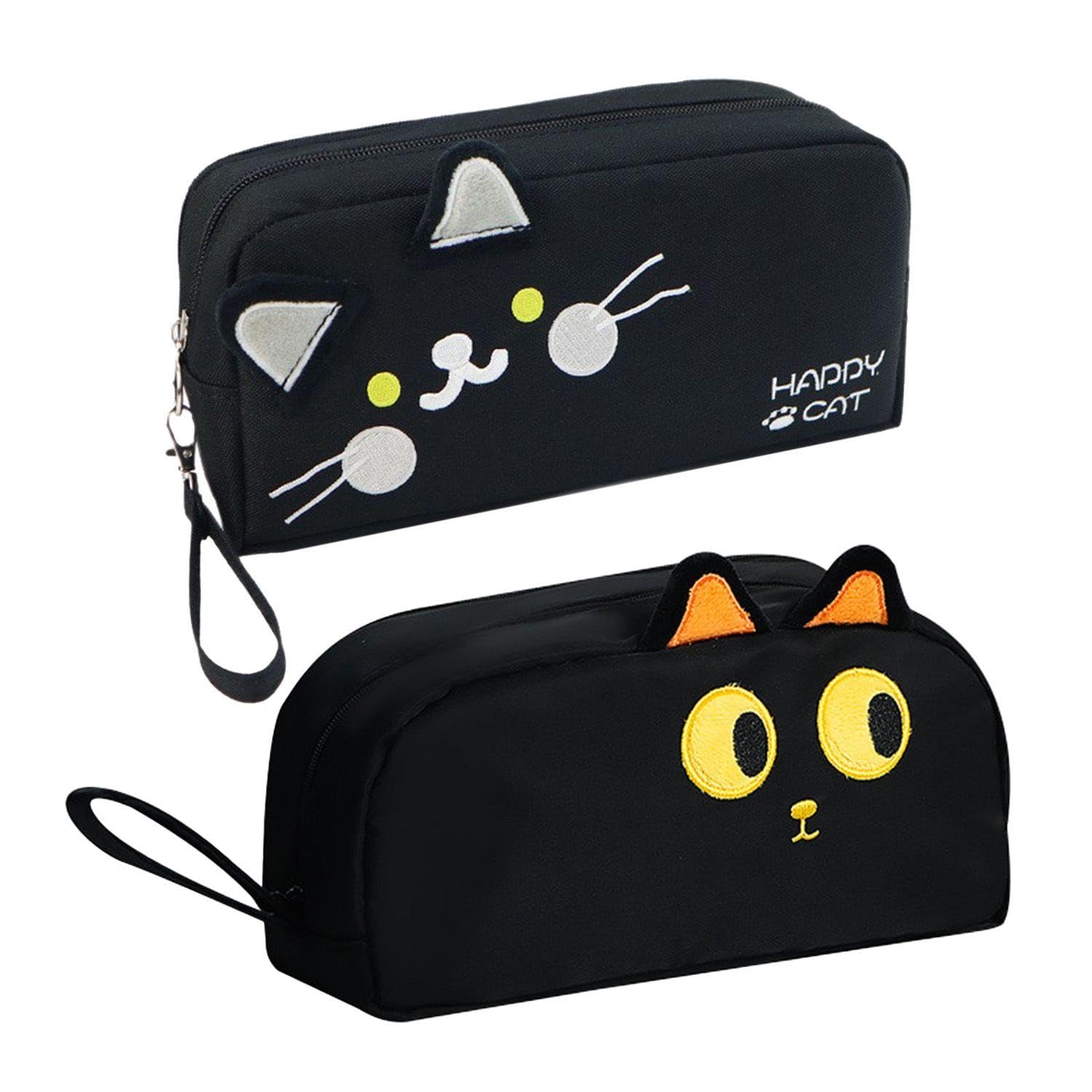 2-Piece Cat Pencil Case, Large-Capacity Double Compartment, Clear Storage Classification, Smooth Zip and Easy Access, Suitable for School, Office and Travel Use (Black).