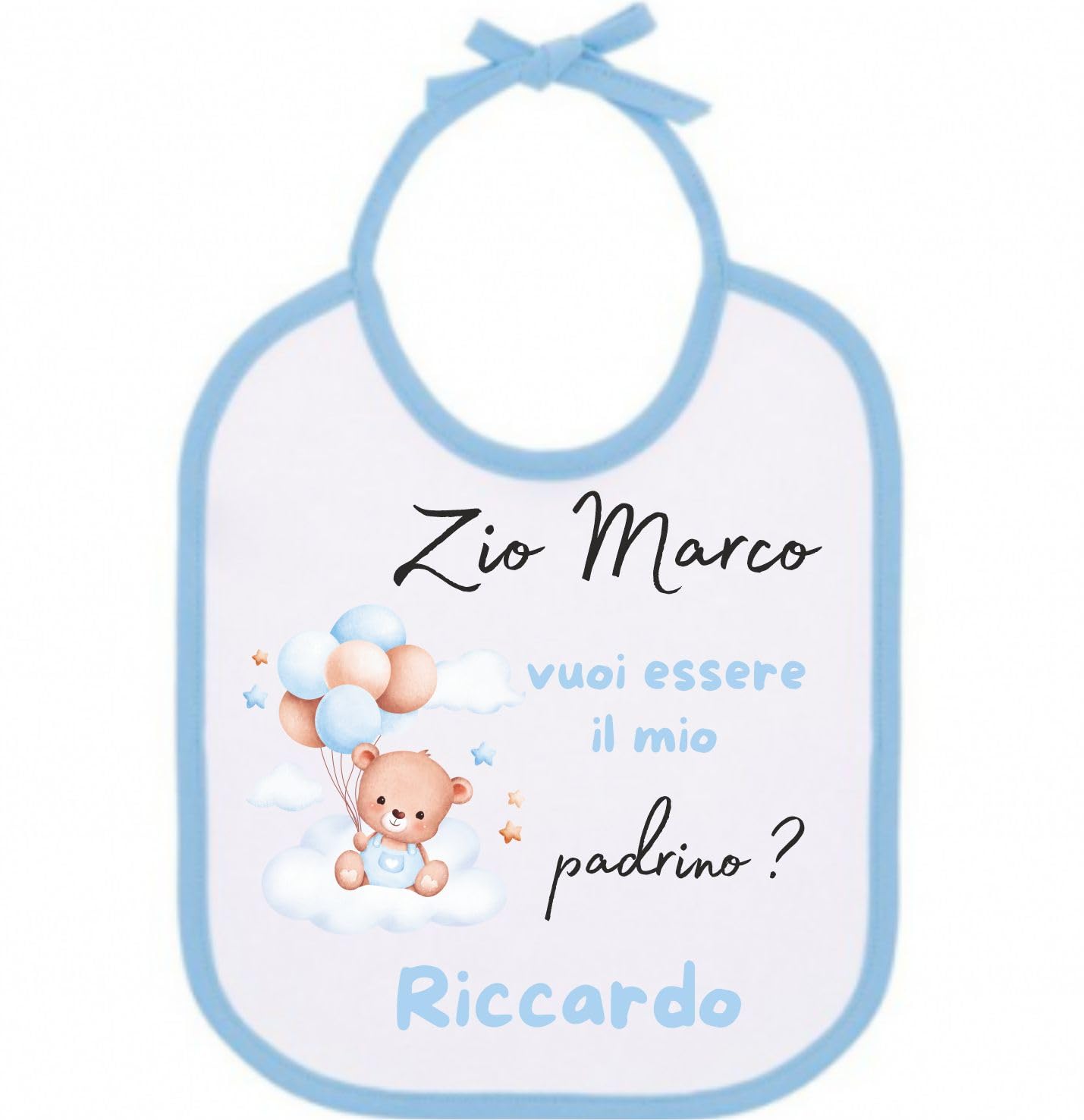 Bavaglino Personalizzabile in Poliestere con Stampa Sublimatica Orsetto Palloncini Azzurri Idea Regalo