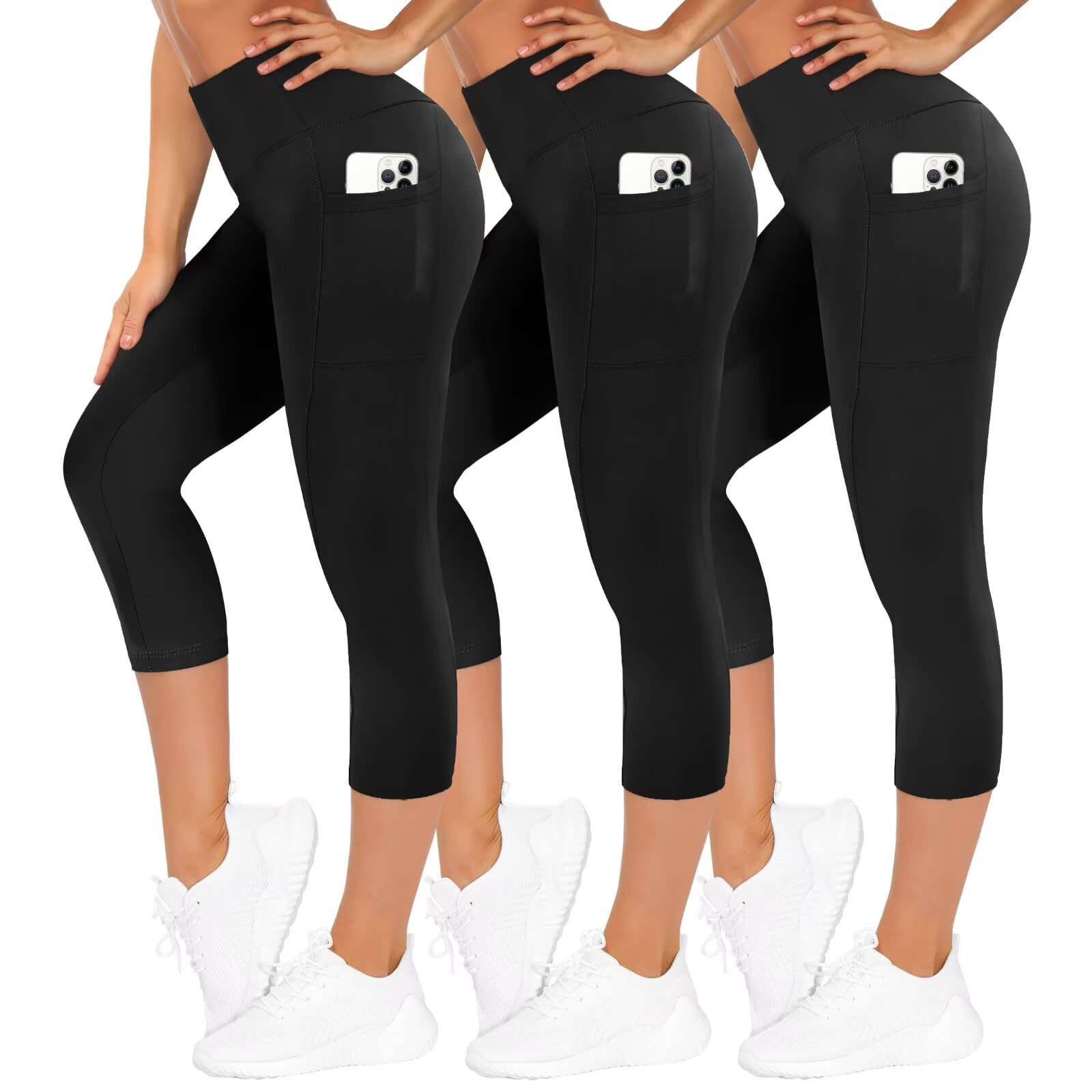 TNNZEET 3er Pack Leggings Damen 3/4 mit Taschen Capri für Sport, High Waist 7/8 Caprihose Sporthose für Gym