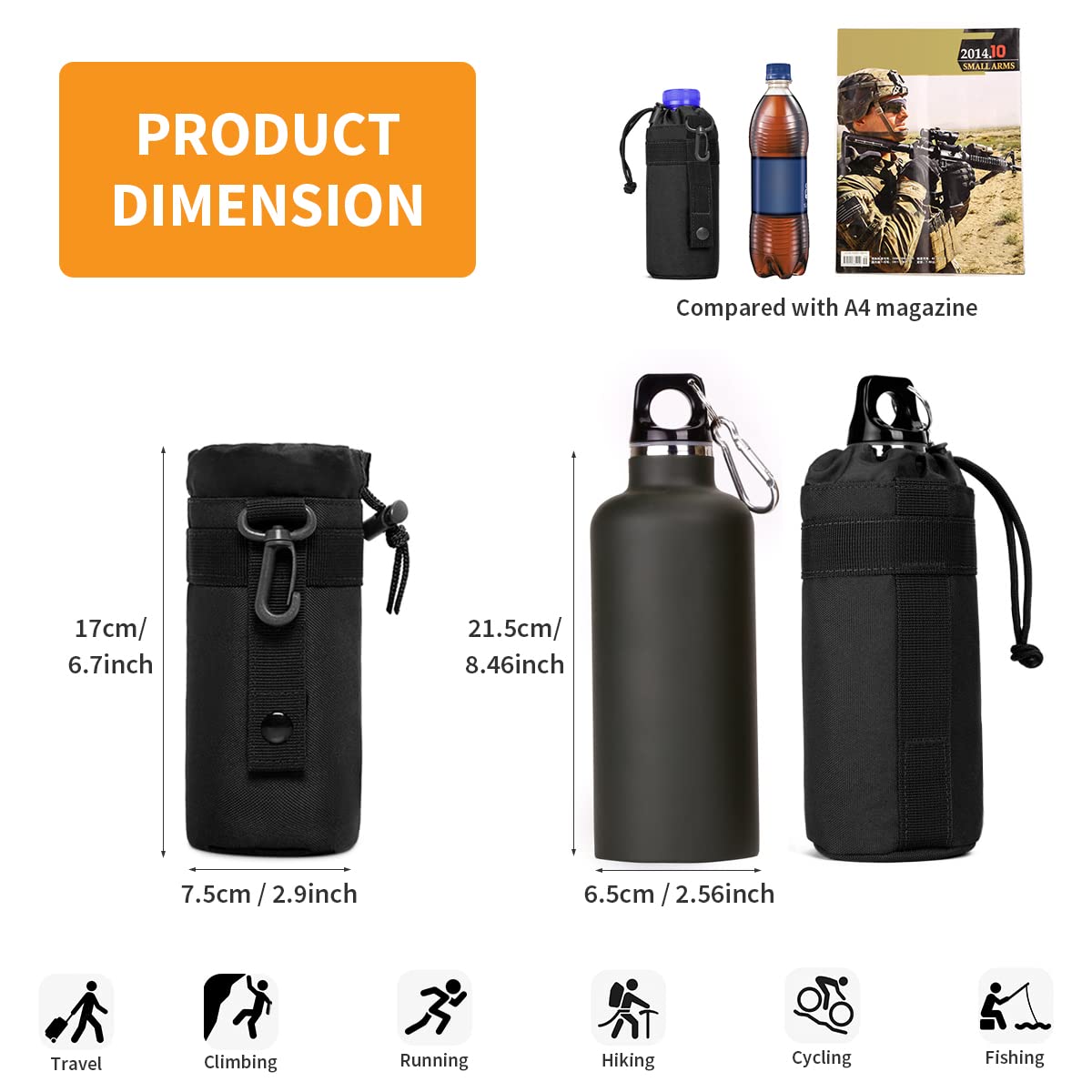 Poche à Gourde Pour Sac à Dos - Nylon Résistant - Fond Drainant - Fixation Latérale Pour Bouteille - Noir - Randonnée, Camping