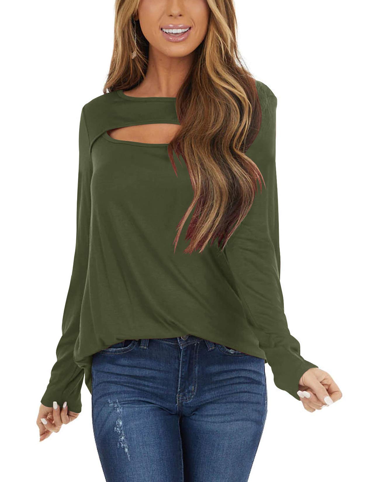 Hilltichu Womens Chest Cutout Tunics Long Sleeve Tops Casual Round Neck Shirts