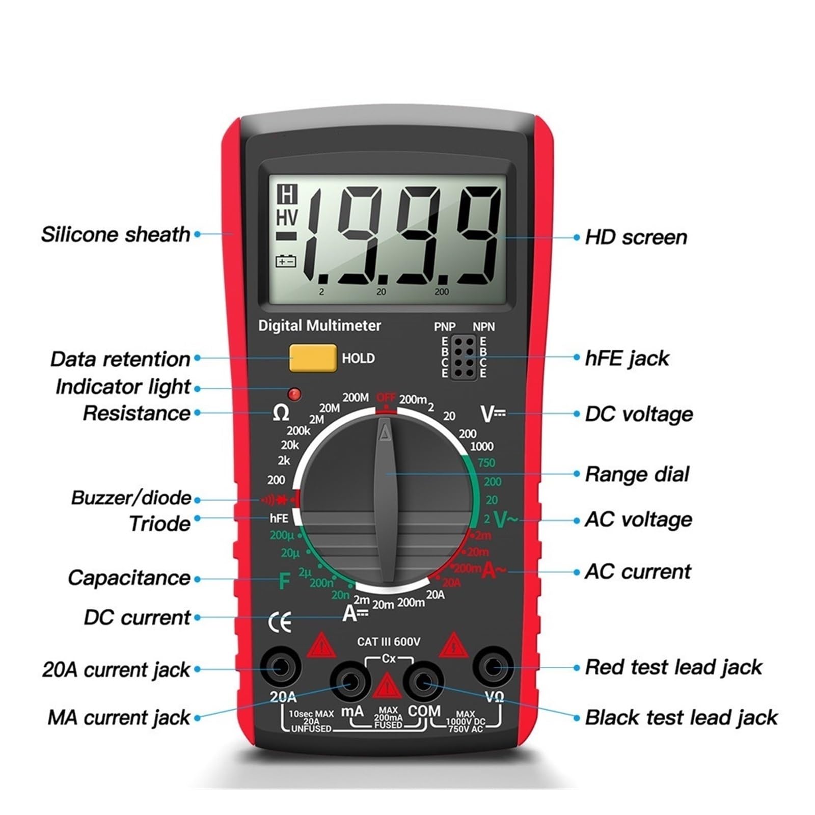 Multimetro Professionale Digitale True RMS Tester Di Corrente AC/DC Strumento Di Rilevamento Del Misuratore Di Tensione Del Condensatore HFE Ohm(Orange)