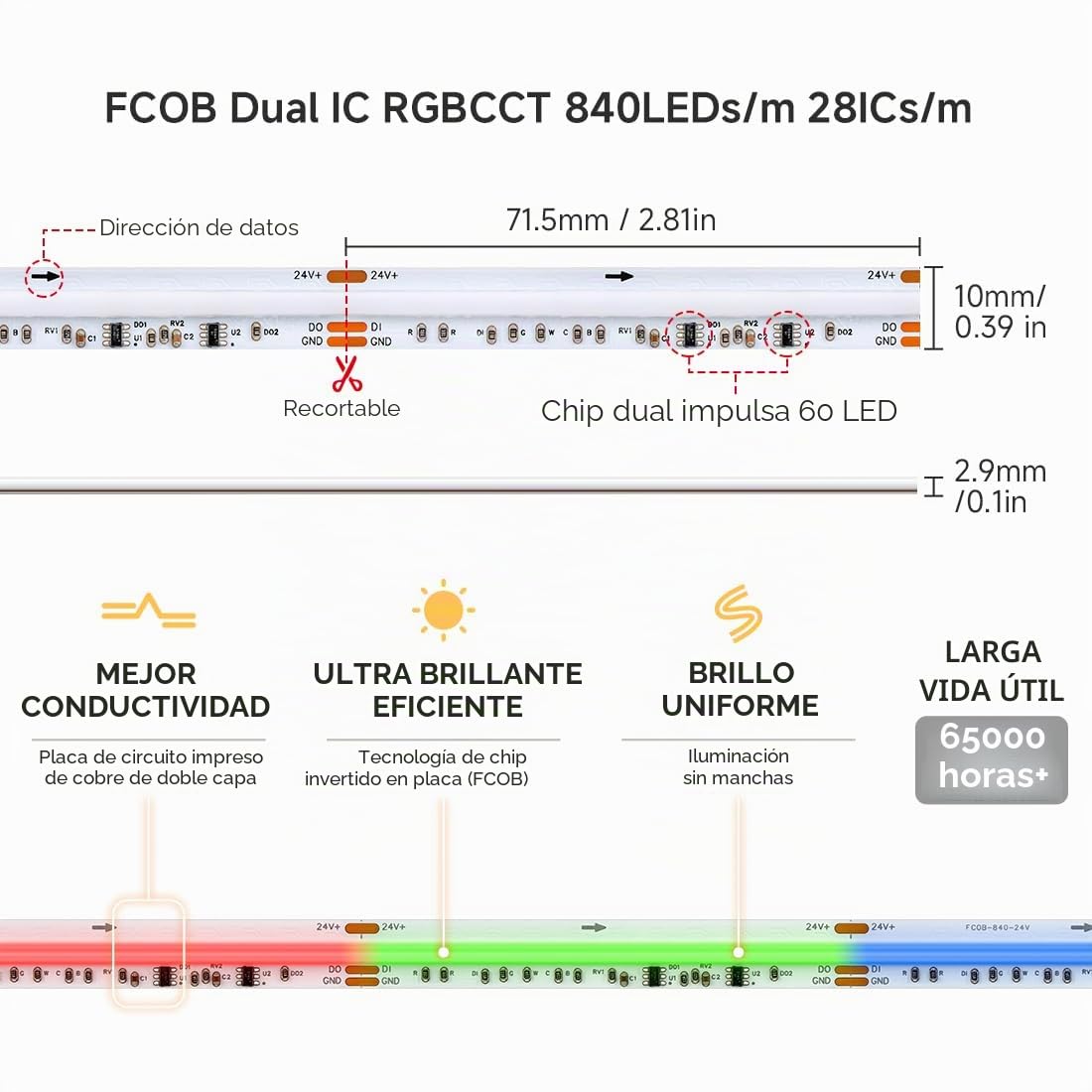 FCOB COB RGBCCT Direccionable SPI Doble IC Dimmable Tira LED RGB+CCT Blanco Ajustable 3000K-6000K Alta Densidad 5M 840LEDs/m 24V IP30 Cinta LED Flexible para Cocina,Decoración del Hogar DIY(Solo Tira)