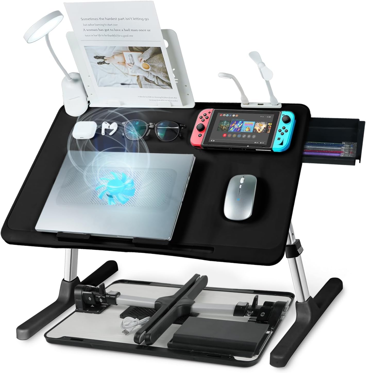 iXTRA Laptop Lap Desk with Cooling Fan - Adjustable with Light, USB, Storage Drawer - Folding Bed Desk,23.62"*15.74",Black Black,60*40cm