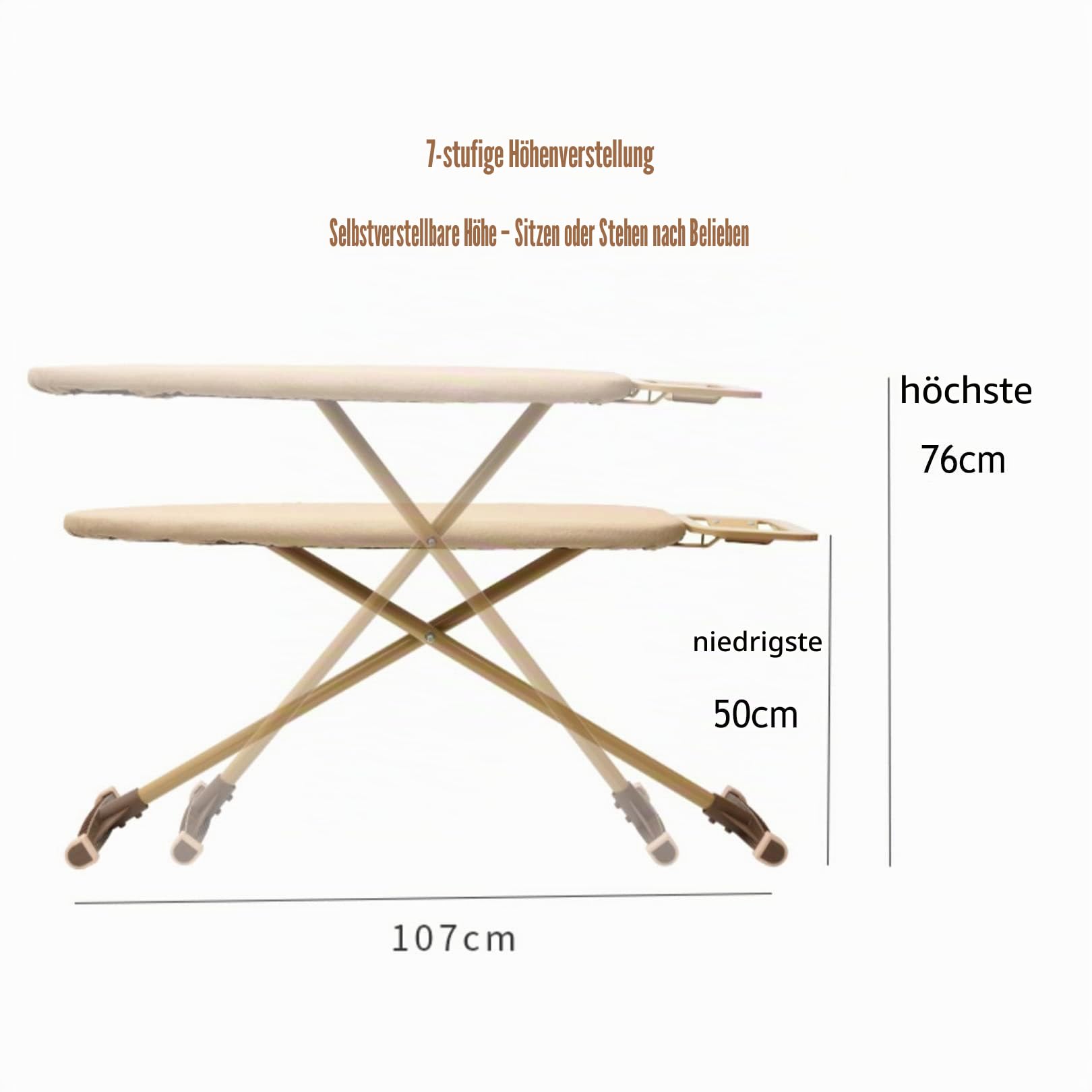 Bügelbrett Mit Goldenem Rahmen Und T-Bein, Höhenverstellbar, Klappbar, Dampfbügeleisenablage, Bezug Aus 100% Baumwolle Mit Extradicker Polsterung, 80x30 cm, Stahl, Gold