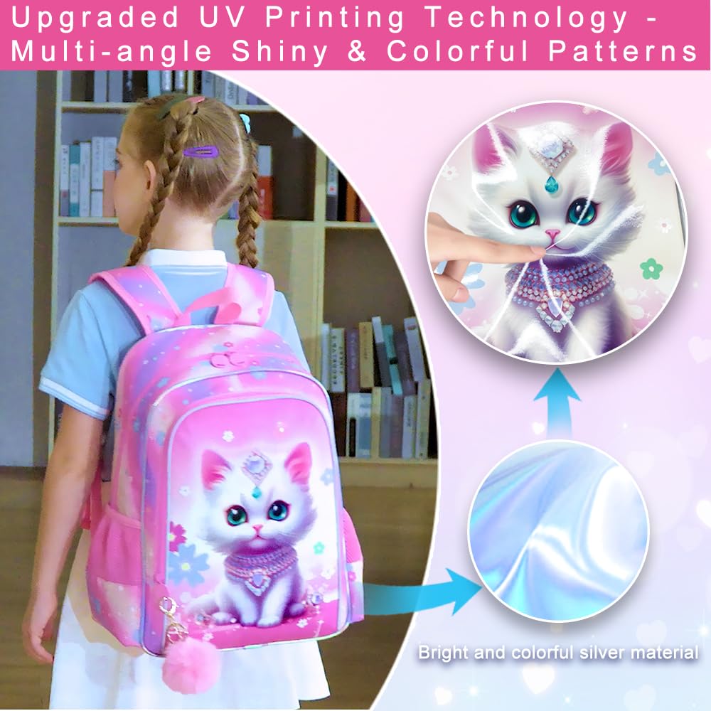 HPJGD 3PCS Girls Cat Backpack, Water Resistant Kids Bookbag Set with Lunch Box?Cute Elementary School Bag for Preschool Toddler