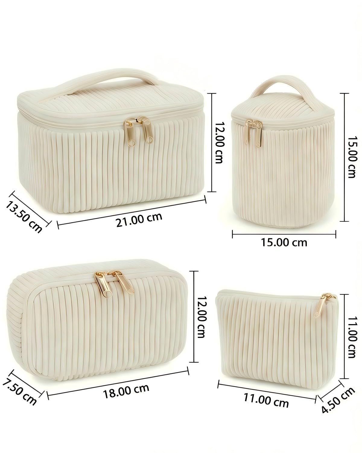 Set de 4 Neceseres Maquillaje Mujer de Nailon con Asa, Estuche Cosméticos Grande Mediano Pequeño Mini, Organizador de Viaje y Uso Diario, Beige