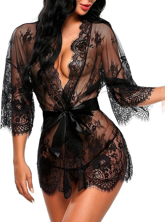 Women's Lace Kimono Robe Babydoll Lingerie Mesh Nightgown