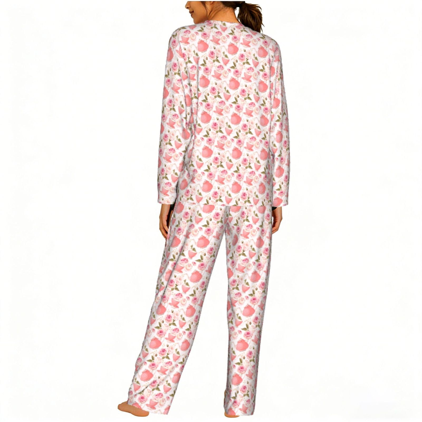 Tazze da tè con rose romantiche stampe shabby da donna a maniche lunghe set pigiama coordinato elastico in vita perfetto vacanza mamma per regalo