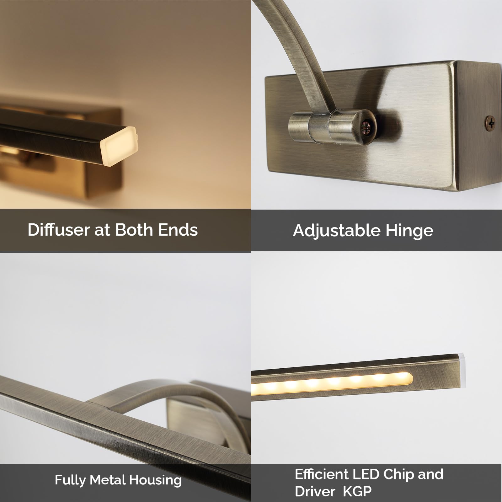 Alpinaluz Aplique de Pared LED para Iluminación de Cuadros, Espejos y Muebles, 8W, 455mm, Luz Cálida 2700K, Ángulo Ajustable, Acero con Acabado en Bronce Envejecido, Driver KGP Integrado